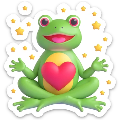 A 3D emoji of a frog sitting cross-legged on a pink mat with a heart floating above it, surrounded by small stars, in the style of iOS 18 emojis. sticker