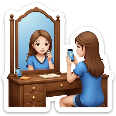 Girl sitting at vanity taking out picture with iphone 15 plus in the mirror and study materials on the vanity sticker