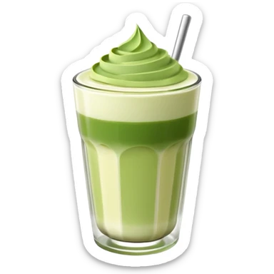 Matcha latte glossy 3D en vaso de vidrio minimalista, realista, estilo sticker, sin cara ni rasgos humanos, capas matcha y leche suaves, espuma ligera arriba, reflejos sutiles, fondo transparente. sticker