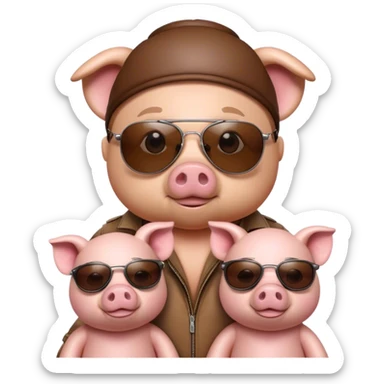 Pig with wife and twin pigs, pig has aviators on and bear sticker