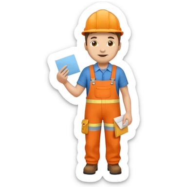 emoji style railway engineer full body in orange overalls, carrying one piece of paper in front of him sticker