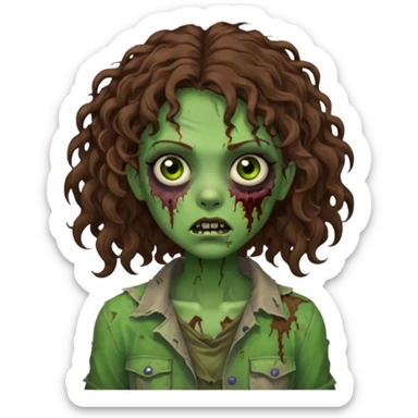 Faça uma garota zombie de cabelo cacheado castanho, olhos castanhos escuro e pele verde d zombie, com o cabelo abaixo do ombro sticker