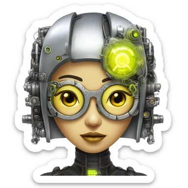 Neon yellow bobbed hair Asian female cyborg head with silver steampunk goggles and circuits sticker