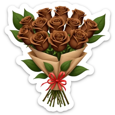 Bouquet of dark brown roses in a paper package sticker