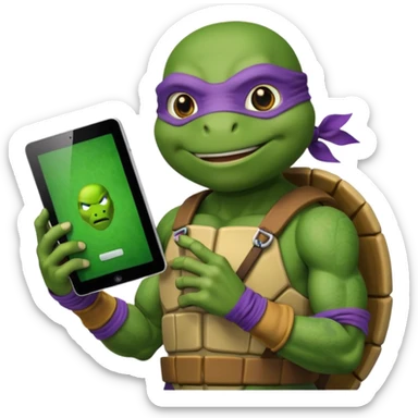 Donatello from Teenage Mutant Ninja Turtles, emoji style, holding a tablet with a hacking screen sticker
