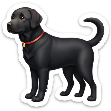 cinematic-[Labrador retriever]-realistic-full-body-sitting-emoji,-tail-resting-loosely-beside-its-paws,-head-tilted-dramatically, -sleek-[black]-fur,-simplified-yet-realistic-focused-features,-highly-detailed,-glowing-with-an-almost-sarcastic-glow sticker