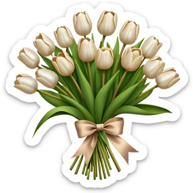 A big bouquet of pearl and beige colored tulips tied with a brown silk bow  sticker