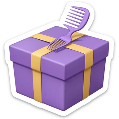 A cute emoji-style illustration of a purple gift box opened, with a comb inside the box. Soft pastel purple tones, simple shapes, rounded edges, clean lines, kawaii style, minimal details, bright and friendly expression, centered composition, transparent background, sticker emoji design sticker