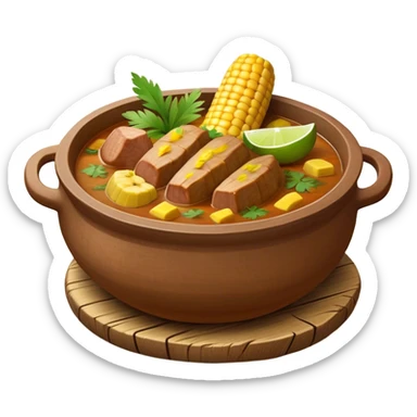 Cinematic Realistic Sancocho Antioqueño Emoji, depicting a hearty Colombian stew brimming with tender cuts of meat, yuca, plantains, corn on the cob, and potatoes in a rich, flavorful broth. Served in a rustic clay bowl with fresh cilantro and lime on the side, rendered with warm, inviting textures and homely, comforting lighting. sticker