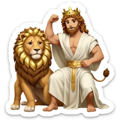 Cinematic Realistic Hercules Portrait, captured in a dramatic lion-wrestling pose that epitomizes raw, heroic strength. His light tan, athletic skin and thick, curly, golden brown hair are showcased as he grapples with a majestic lion, his refined face reminiscent of Michelangelo's David marked by noble determination. Draped in a flowing white robe with understated golden accents and crowned with a classic Greek laurel wreath, dynamic natural lighting accentuates every muscular contour and fierce, commanding expression, embodying the essence of ancient valor. sticker