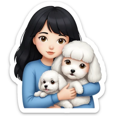 A beautiful girl with long black hair and bangs hugs a little Bichon Frise tightly sticker