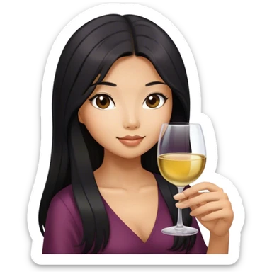 tan asian girl with black long hair holding glass of wine sticker