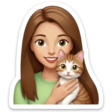 White Woman with VERY long straight brown hair, rosy lips and cheeks, big chartreuse eyes, cute happy big smile holding a white and brown tabby kitten sticker