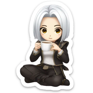Honkai Star Rail’s Acheron in chibi form sipping coffee sticker