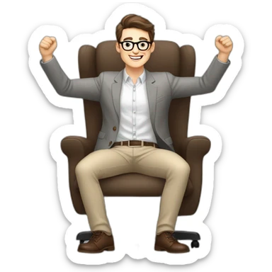 Joyful Celebrating victory Hands up Pale skinned Fit Man With dark brown hair in gray jacket, beige office shirt, Brown pants and vintage glasses sitting In a soft chair sticker