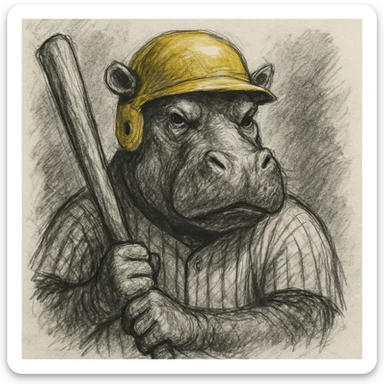 hippo holding a baseball bat, wearing a yellow helmet, pinstripes outfit sticker