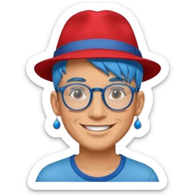 unique looking tourist with big unique red tourist fedora and earrings, man with lots of tattoes and spectacles, blue hair showing sticker