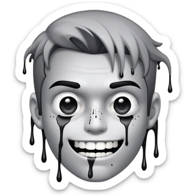 Super idol with a straight face but the upper teeth are sticking out and there is a huge dot of ink covering each of his pupils and 2 lines of ink are dripping out from the dots and the entire image including super idol is a whitish gray color or a grayish white color sticker