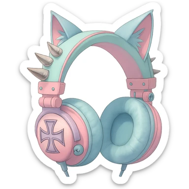 Change the image to pastel goth colors including lavender, mint, baby pink, and pale blue. Keep the cat ears. Render in a realistic anime style with a transparent background. sticker