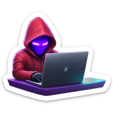 developer behind his laptop with this style : Crytek Crysis Video game neon glowing bright purple character red black hooded hacker themed character sticker