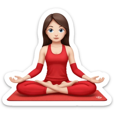 Brunette long hair and blue blue eyes yoga beautiful girl in bright red  clothes sitting on a yoga mat sticker