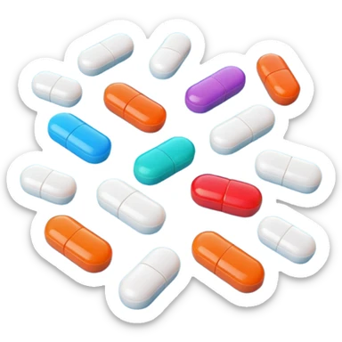 A group of colorful 3D cartoon pills scattered on a flat surface, round and oval shapes, soft lighting, smooth glossy finish, Memoji-style realism. sticker