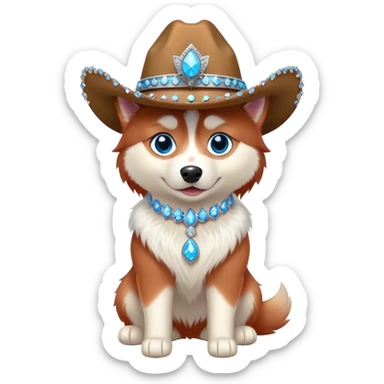 cute, disney-style red siberian husky with blue eyes wearing a bedazzled cowgirl hat, full body view sticker