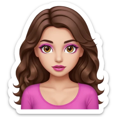 girl with long wavy brown hair, brown eyes, long lashes makeup, sexy pink lips, light to medium complexion, wearing a pink sexy t sticker