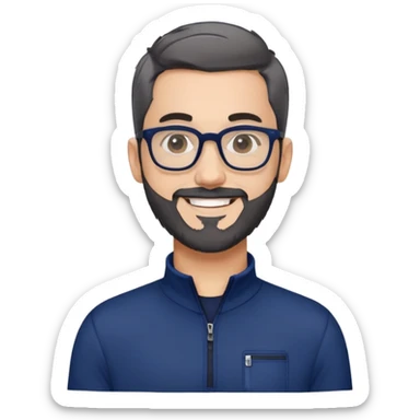 Light-skinned man with short black hair styled upward, short gray beard, large black-framed glasses, smiling face, wearing a navy blue zip-neck long sleeve athletic shirt sticker