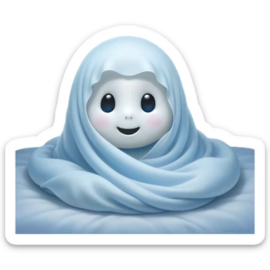An adorable, peacefully floating sheet-like ghost in gentle pastel whites and blues, its soft, rounded form loosely draped, head resting with closed, serene sparkling eyes and a tiny, contented smile, simplified yet irresistibly charming, highly detailed, with a soft glowing outline that captures the essence of a sleepy, endearing spirit wrapped in cozy slumber! sticker
