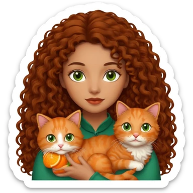 Woman light brown skin long dark curly hair, green eyes, with a cat sticker