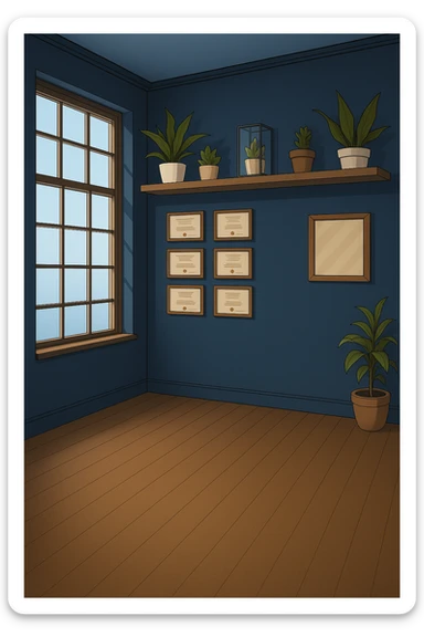 PRENDI SPUNTO DAI COLORI E DALLO STILE DELLA STANZA CON L'UOMO CON IL CAMICE E faMMI QUESTA STANZA VUOTA STILE MANGA/WEBTOON A COLORI SENZA LE PERSONE, SOLO LA STANZA. FALLA MOLTO PIù LUMINOSA, NON LUCI GIALLE sticker