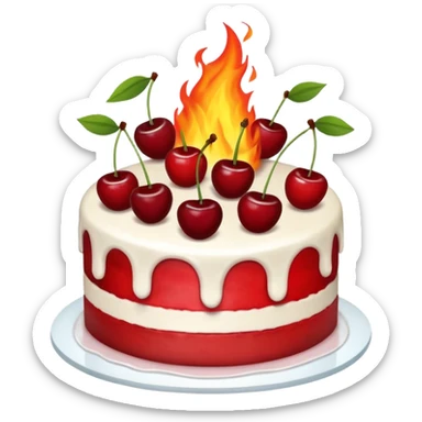 CAKE on fire, and fire behind it as well. cherries on the cake sticker