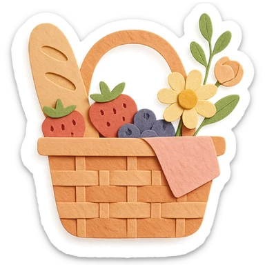 a picnic basket with berries, bread, and flowers, warm pastel shades, paper craft style sticker
