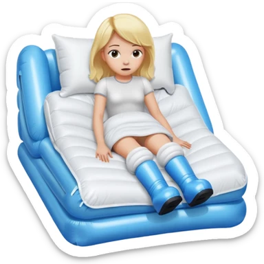 chica rubia con cara de miedo con unas botas de presoterapia gigantes inflables tirada en una cama sticker