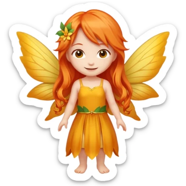 fairy with long orange hair, yellow wings, red dress, happy, chibi full body sticker