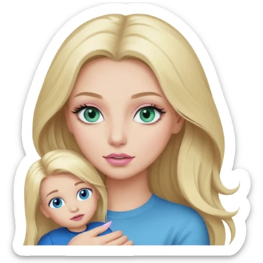 Blonde baddie with long hair Pretty makeup long lashes blue-green eyes ,   light pink lips ,holding 1 little Boy, with blue eyes sticker