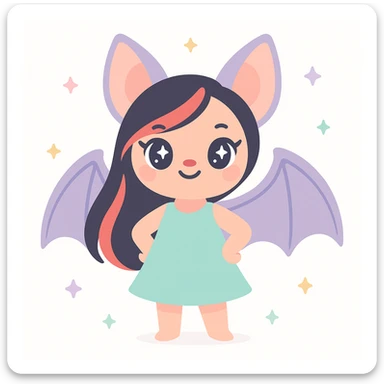 stylish female bat with long black and red hair, confident expression, modern character art sticker
