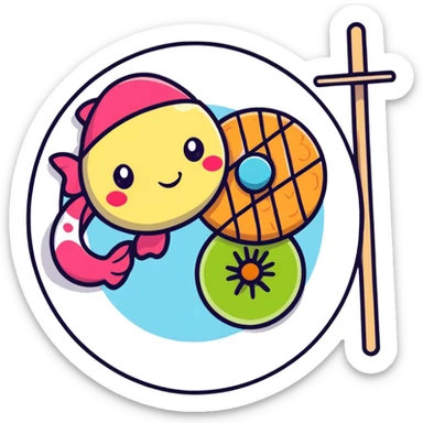 A cute arrangement of red apple, fish cake with pink swirl, rice cracker, and tri-colored dango skewer as a food snack collection sticker