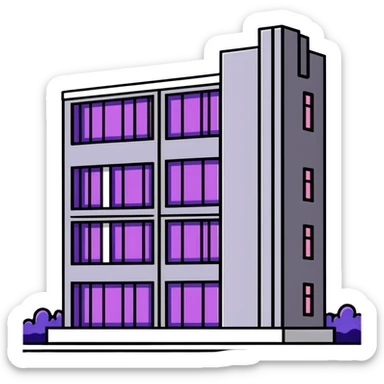 Minimalist gray concrete panel building, slight ghetto vibe, one window with bright purple ultraviolet light for growing plants, simple rectangular shape, stark and bare sticker