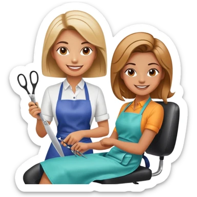 smiling woman in apron sitting in salon chair, smiling female hairstylist behind her with scissors sticker