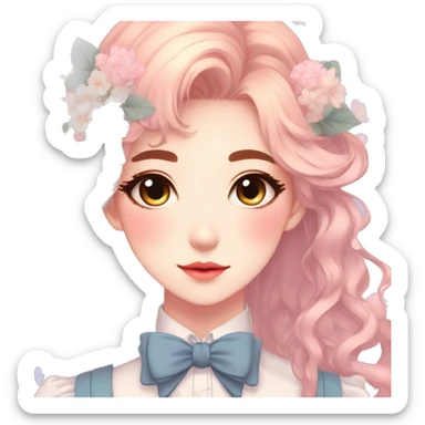 Gorgeous pastel anime style lady with blushing face and flowers and laces and bow ties and pretty hair aesthetic trending style sticker