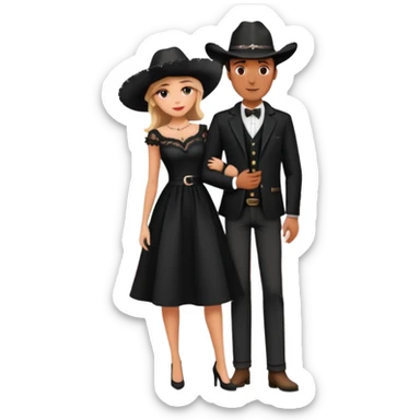couple in front of Eiffel Tower, man in black cowboy hat, woman in elegant Parisian style dress with out hat, pink flowers around and Eiffel Tower in the background  sticker