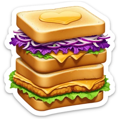 A cute, simplified emoji-style illustration of a stacked chicken sandwich — two thick golden toast slices, a crispy breaded chicken fillet, green lettuce, and purple cabbage slaw, with glossy dark sauce dripping down the sides. sticker