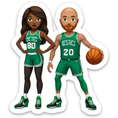 48-year-old dark skin black woman with brown eyes, long dark brown hair dressed in sexy 
celtics jersey costume outfit wearing stilettos heels. A bald white man with ginger beard. he has blue/green  eyes, wearing a Jason Tatum Boston Celtics Jersey & green Nike sneakers  sticker