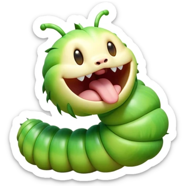 Cinematic Realistic Cute Yawning Caterpillar Portrait Emoji, Head tilted slightly with a dramatic, wide-open yawn, showcasing a soft, downy segmented body in vivid green with subtle drooping and half-closed, drowsy eyes, rendered with intricate natural texture and gentle shadows, high shine, relaxed yet expressive, styled with a dash of woodland charm, soft glowing outline, capturing the essence of a sleepy yet affectionate caterpillar that appears ready to stretch out and rest among the leaves! sticker
