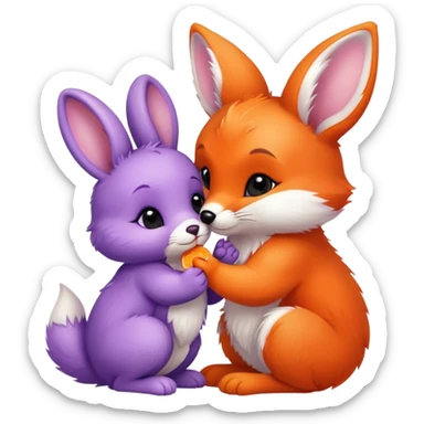 A small purple bunny kissing an orange fox cub sticker