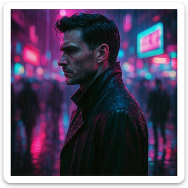 cyberpunk portrait of a man in a rain-soaked trench coat, neon-lit city at night, side profile, serious expression, neon reflections on wet pavement, vibrant magenta and cyan lighting, motion blur of crowd, shallow depth of field, Blade Runner style, analog film grain, chromatic aberration sticker