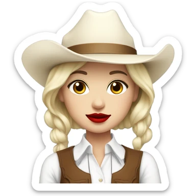 cowgirl with a white hat and white ascot and blonde short hair with red lipstick sticker