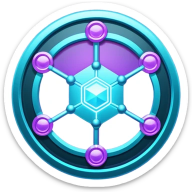 Futuristic blockchain node badge icon, circular emblem with interconnected glowing nodes, all nodes softly illuminated, neon cyan and violet gradient, sci-fi web3 game UI style, metallic rim, dark background, 3D polished game asset, sharp and high detail, centered composition sticker
